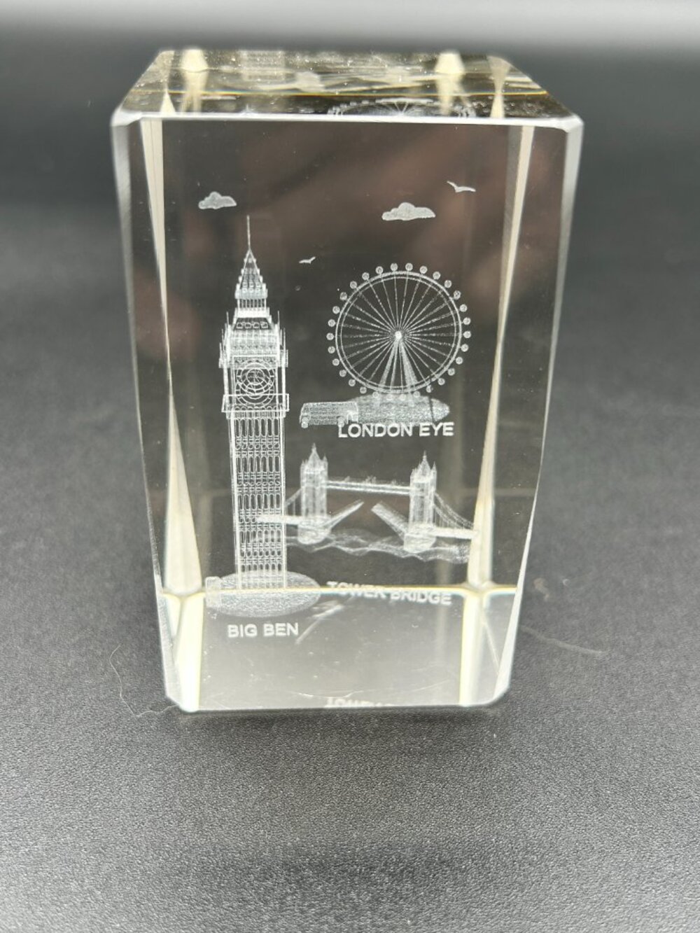 Glass Paperweight London England Etched 3D London Eye Big Ben Tower Bridge